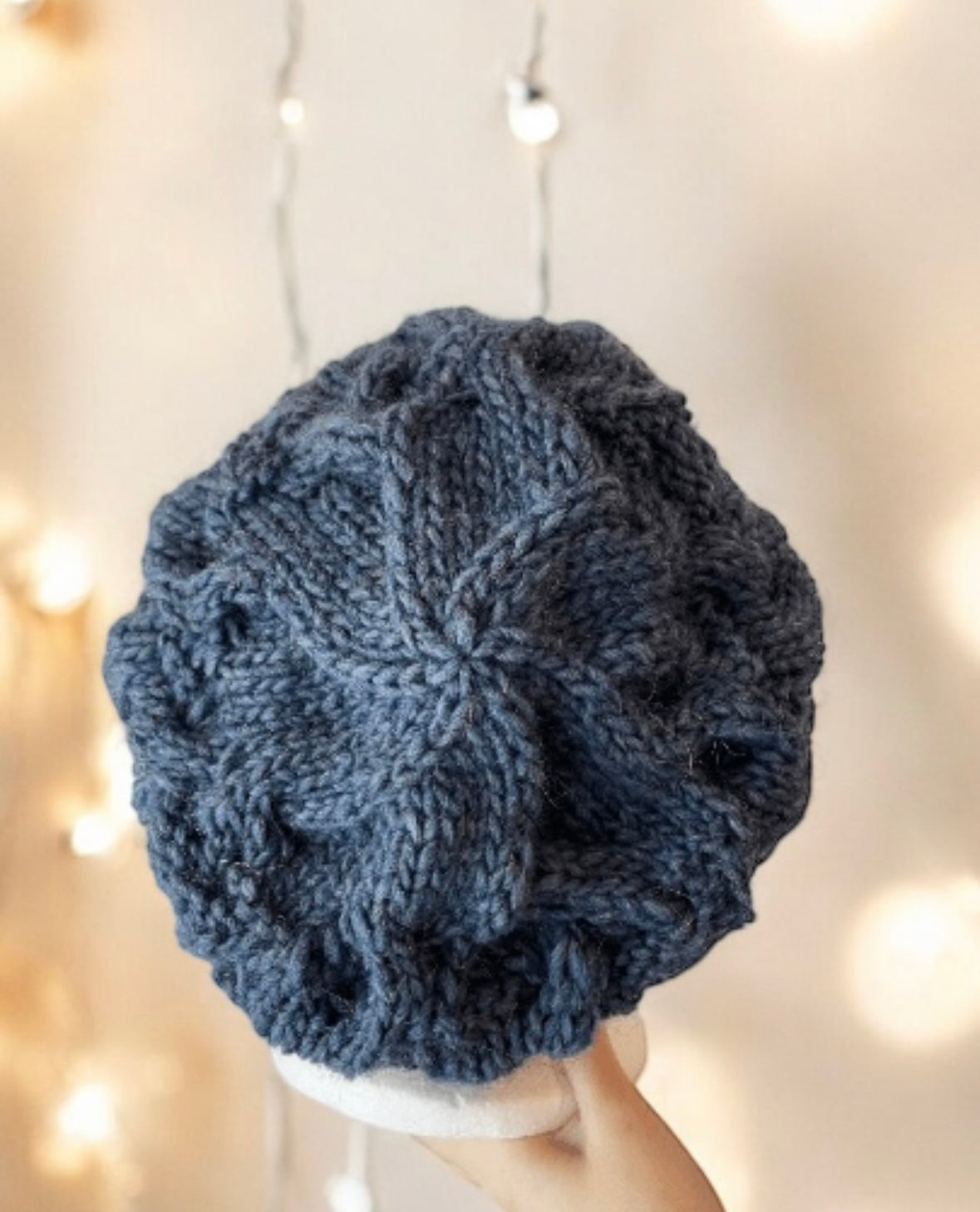 Hand knit Cable Slouchy Beanie | Knit Beret | Slouchy Hat in dark blue | Knit beanie in denim blue | Fluffy cozy winter hat Inac