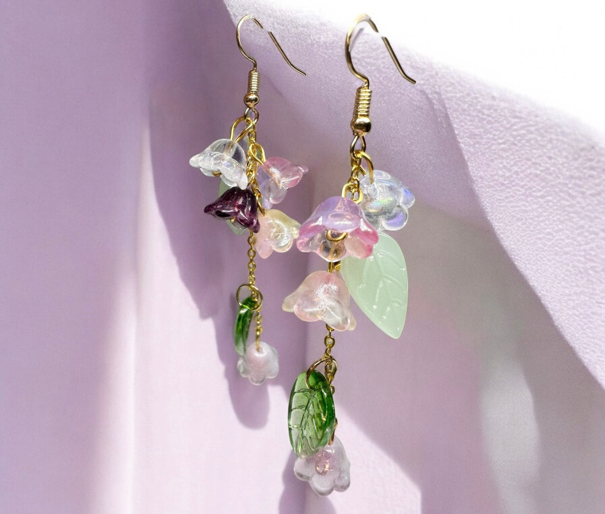 Lily of the valley flower earrings | golden leaf mini flower earrings | elegant floral dangle chain earrings