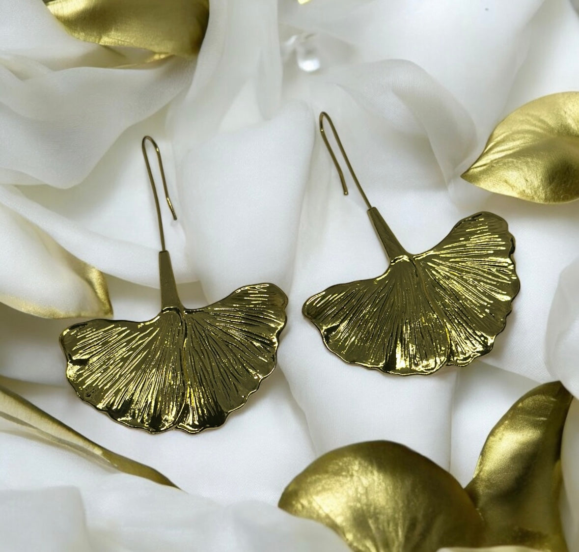 Ginkgo leaf Flower Gold statement earrings | dangly drop earrings | floral geometric earrings | Korean earrings Inactive