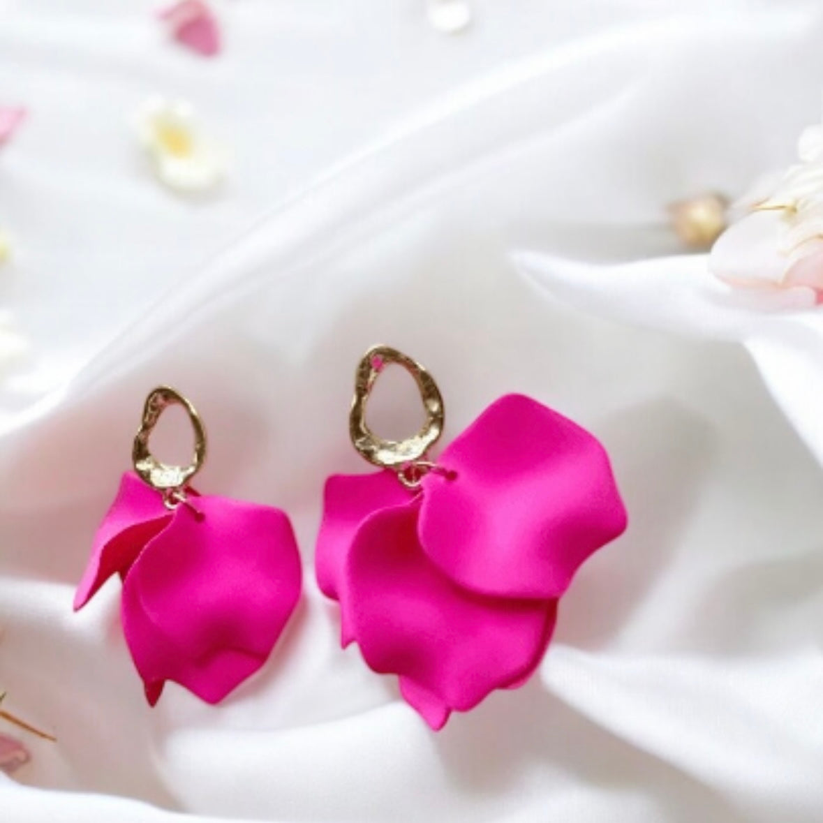 Hot pink flower earrings | dangle petals baroque earrings | unique gold geometric floral earrings | bridal party wedding earrings Inactive