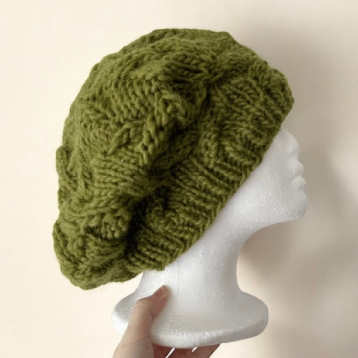 Handknit Cable Slouchy Beanie | Knit Beret | Slouchy Hat in green colour| Knit beanie in dark moss green | Fluffy and cozy winter hat