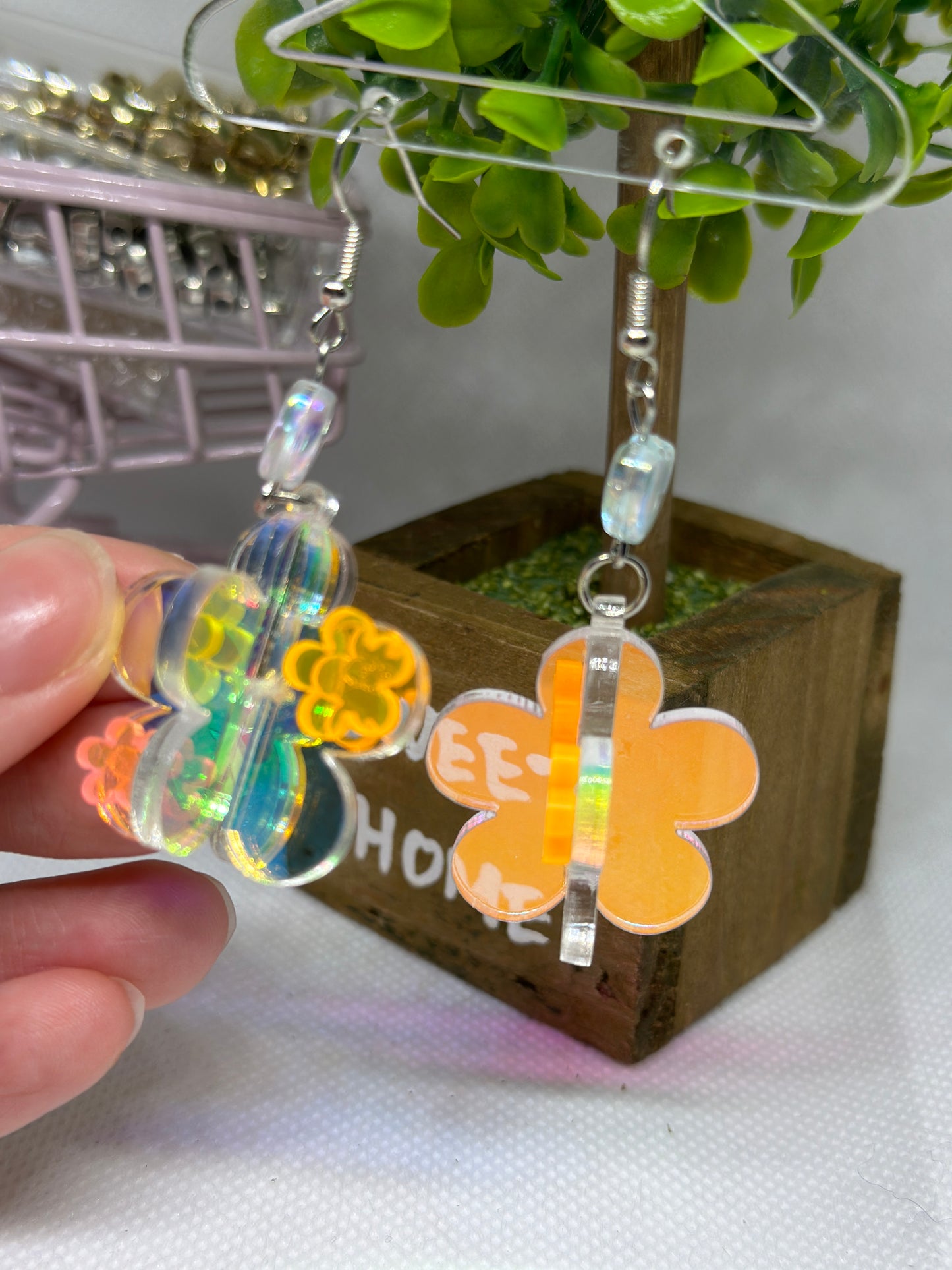 Dangle 3D flower earrings | fun floral earrings | colourful clear iridescent dangle oversize earrings | hologram fun earrings