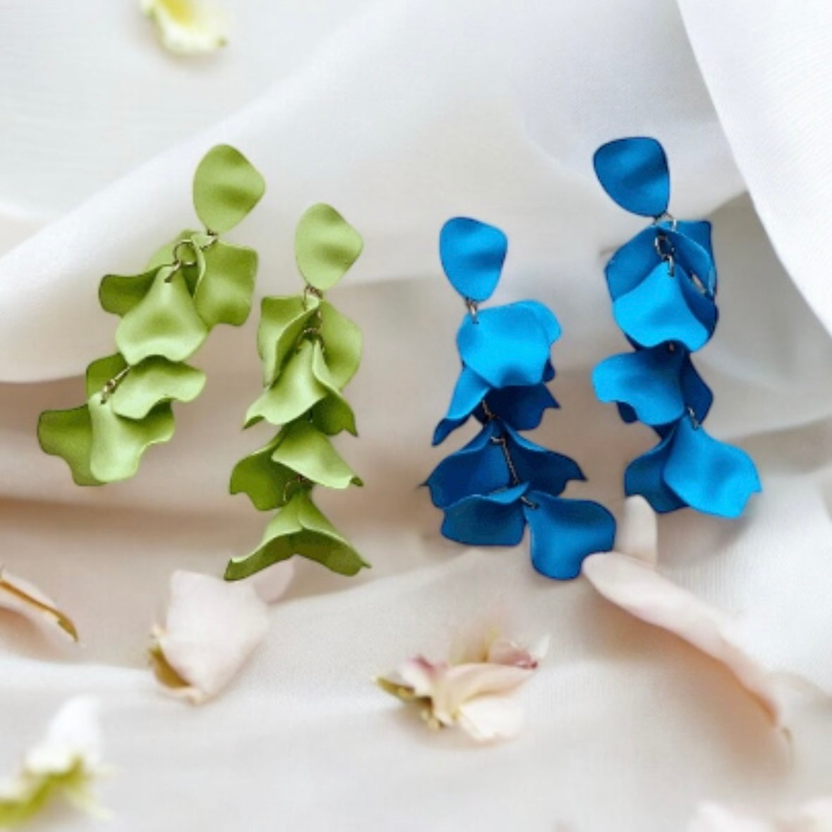 Lime green or blue flowers earrings | frosted petals hoop earrings | statement earrings | floral bridal party wedding earrings