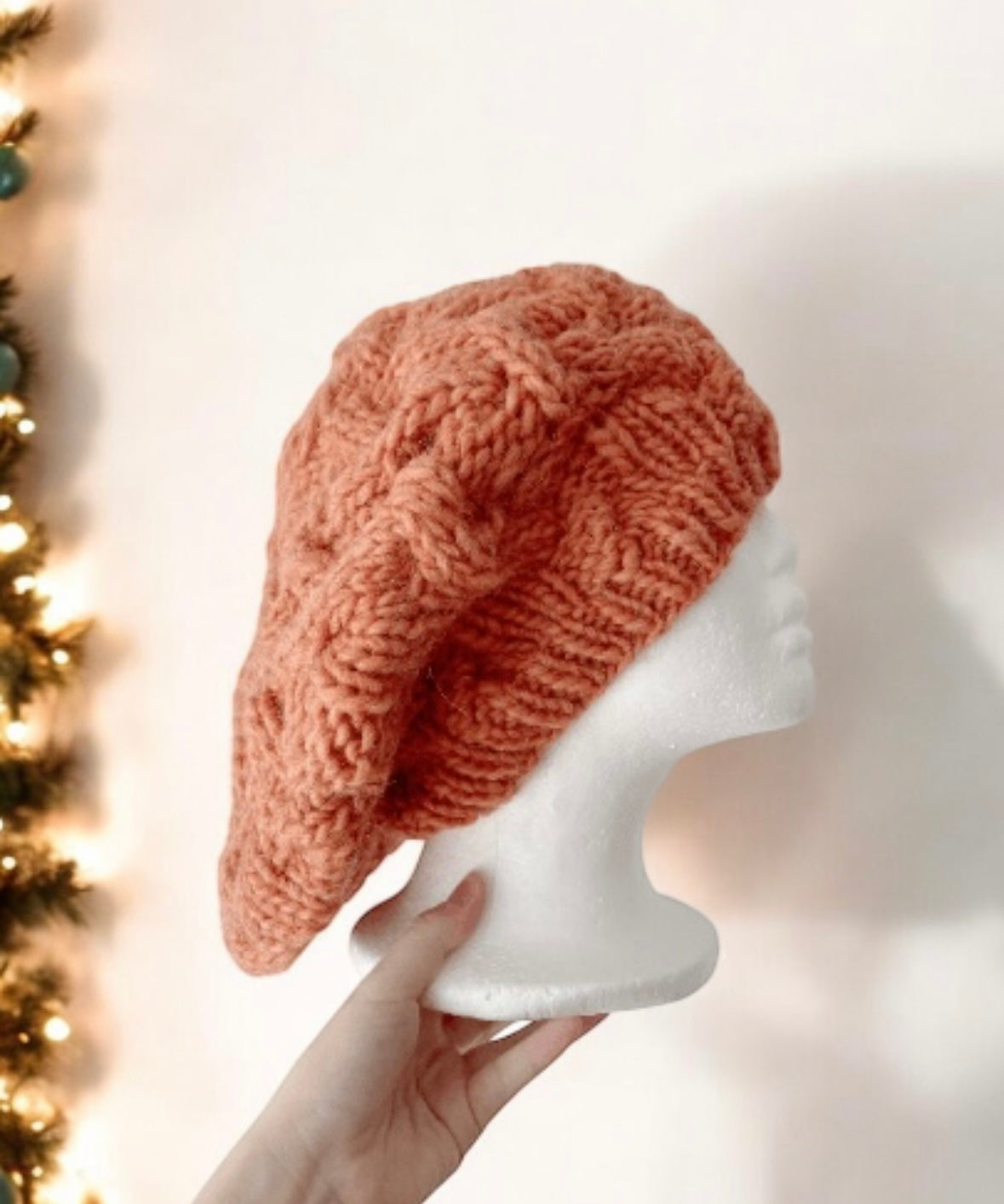 Handknit Cable Slouchy Beanie | Knit Beret | Slouchy Hat in coral orange colour| Knit beanie in peach | Fluffy and cozy winter hat