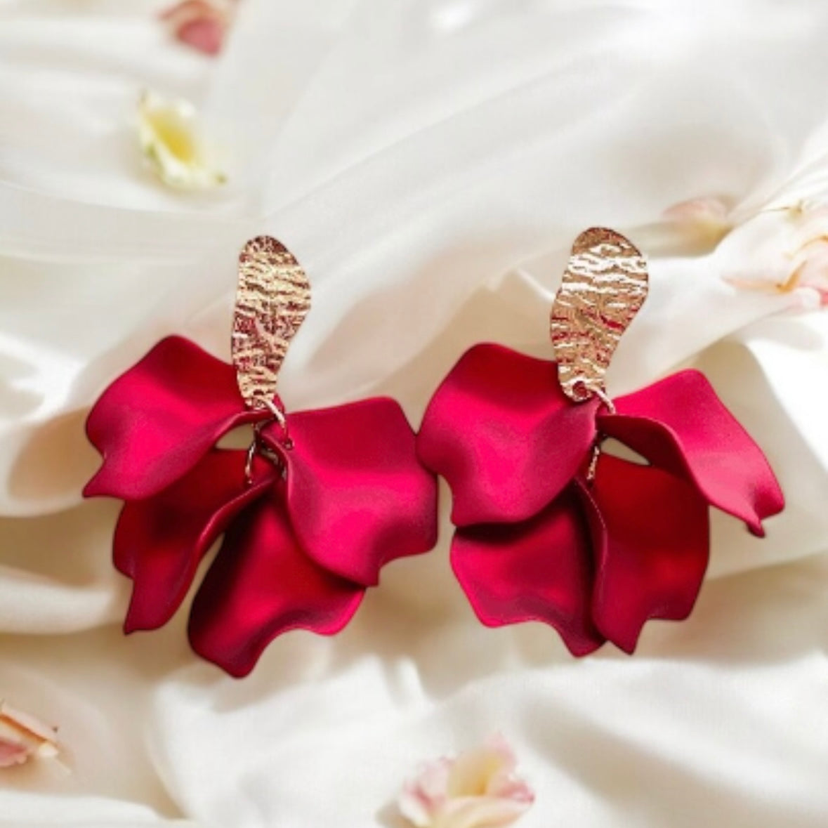 Hot red flowers earrings| bridal party wedding earrings | unique iridescent earrings | golden crumpled floral earrings