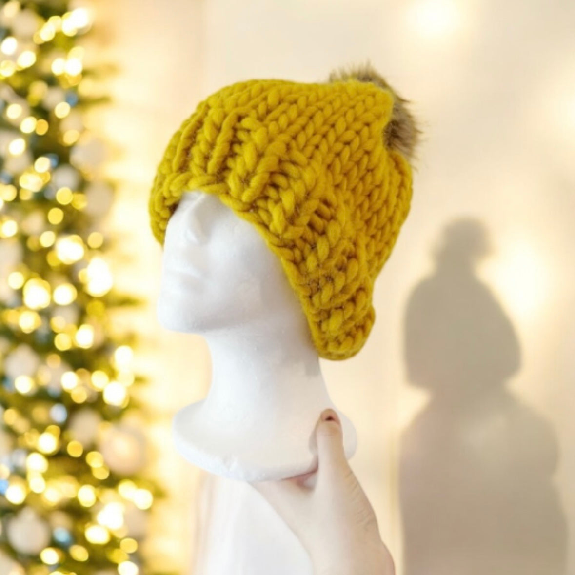 Super chunky faux fur pompom slouchy hat | knit winter beanie | cozy warm knit hat | super soft merino mustard yellow hat