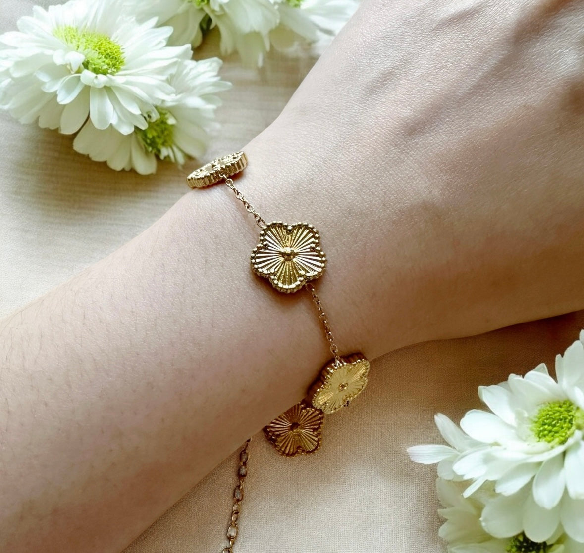 Golden bracelet with clover pattern | floral embossed | shinny decor bracelet