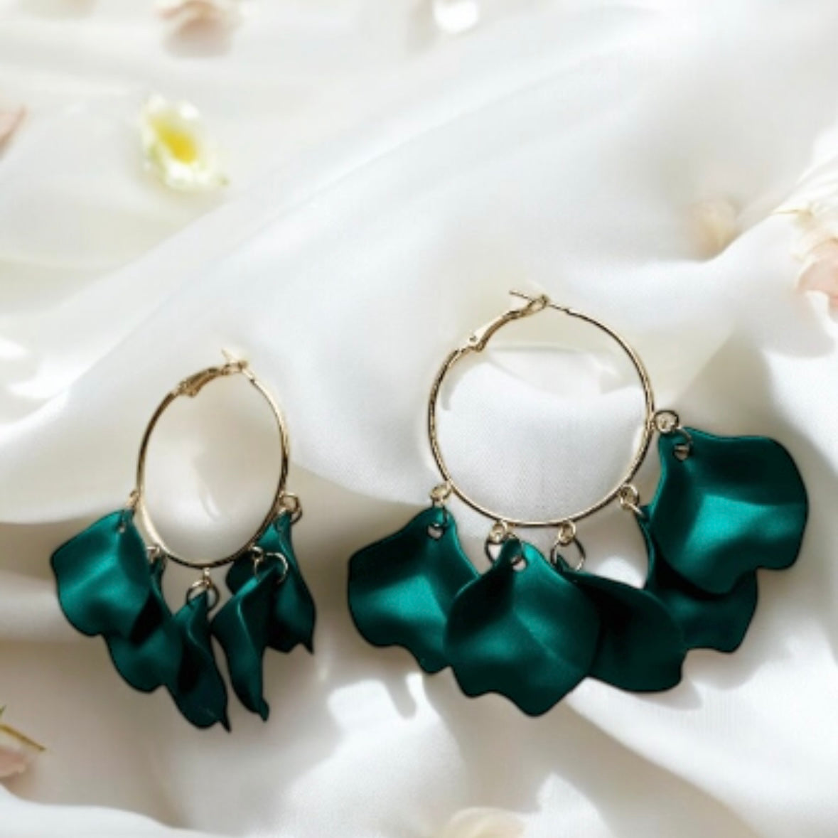 Emerald green flower earrings | hoop petals earrings| iridescent statement earrings | gold floral earrings | bridal party wedding earrings