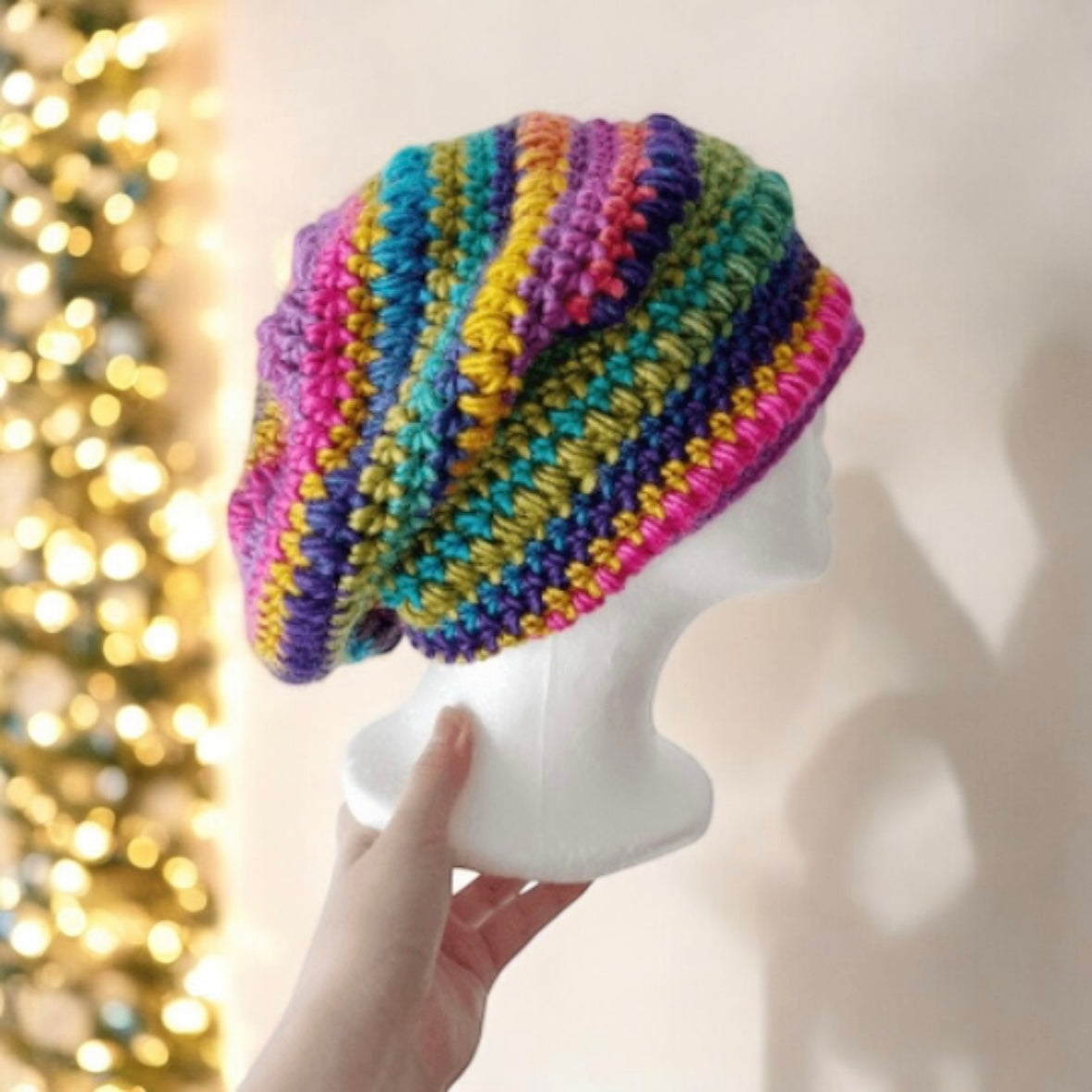 Crochet rainbow Slouchy Beanie | Bobble Beret | Slouchy Hat in bright vibrant pop candy colour| Knit beanie in rainbow mix | Knit winter hat