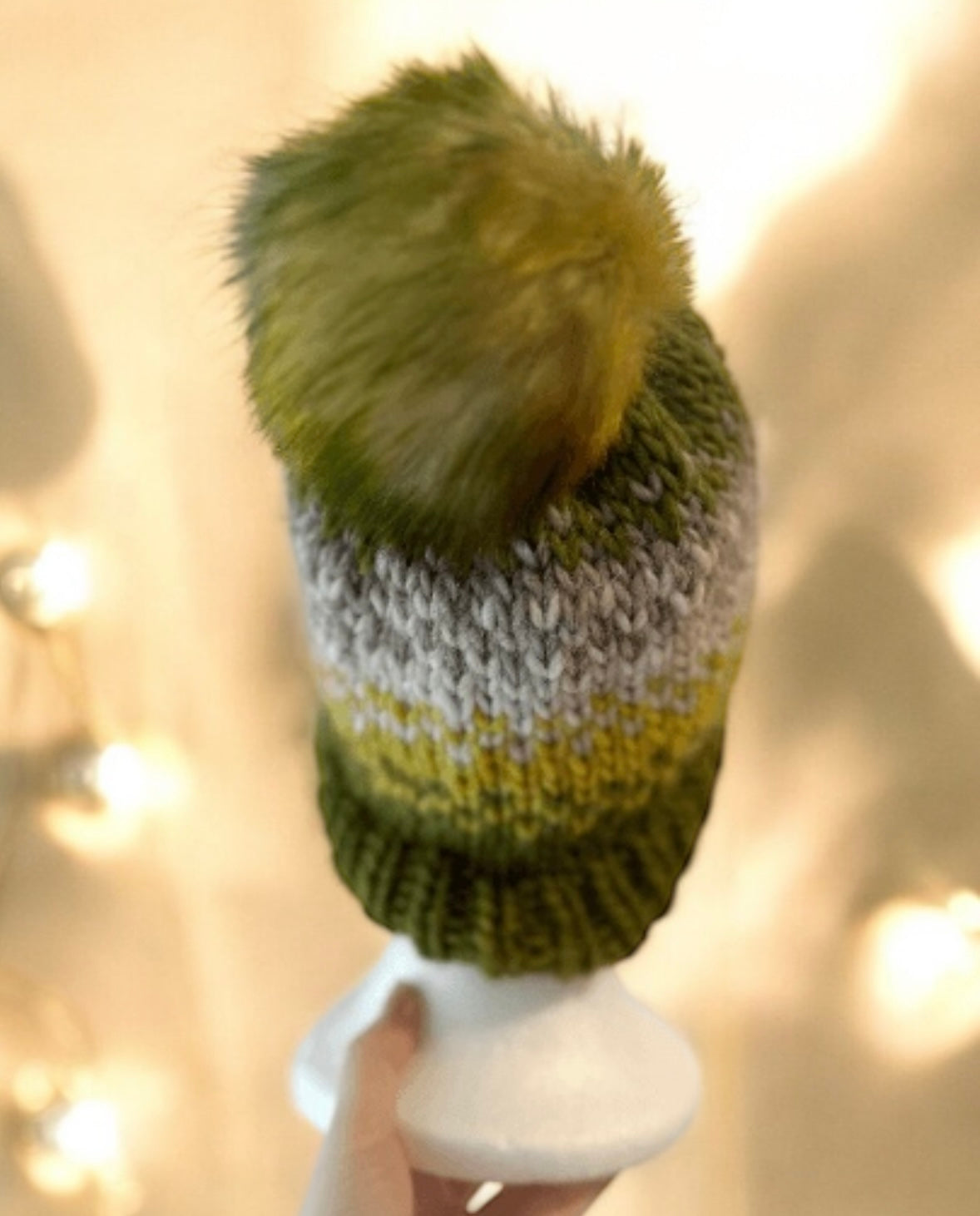 Handknit chunky Beanie | alpaca wool Beanie | large Fur Pom Pom Hat | Winter knit hat | Earthy green yellow slouchy hat