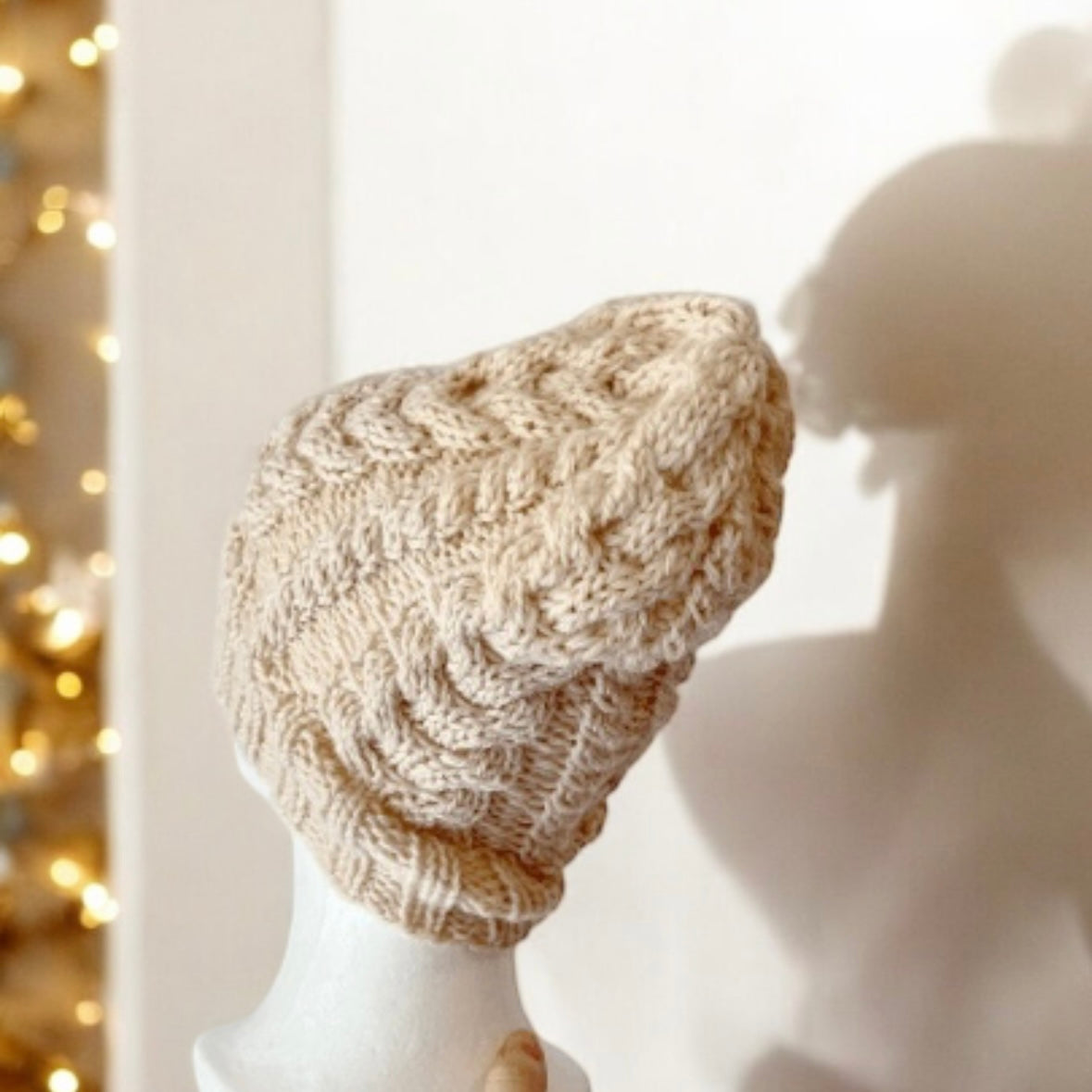 Handknit Ecru colour Cable Knitted | merino cream soft tone colour knit hat | adult women or men beanie | Winter knit briaded hat