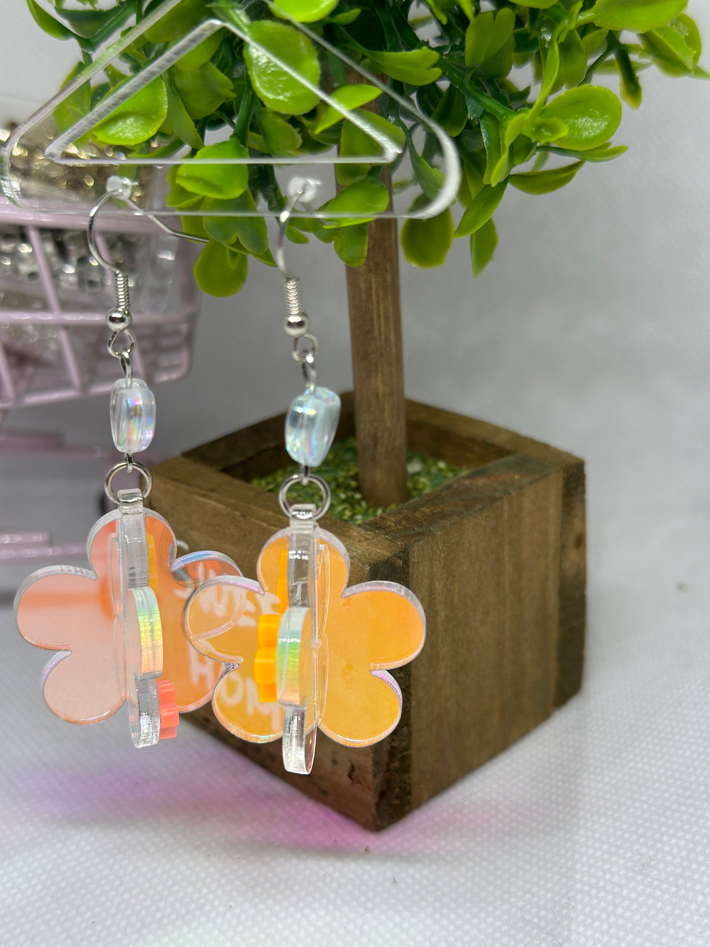 Dangle 3D flower earrings | fun floral earrings | colourful clear iridescent dangle oversize earrings | hologram fun earrings