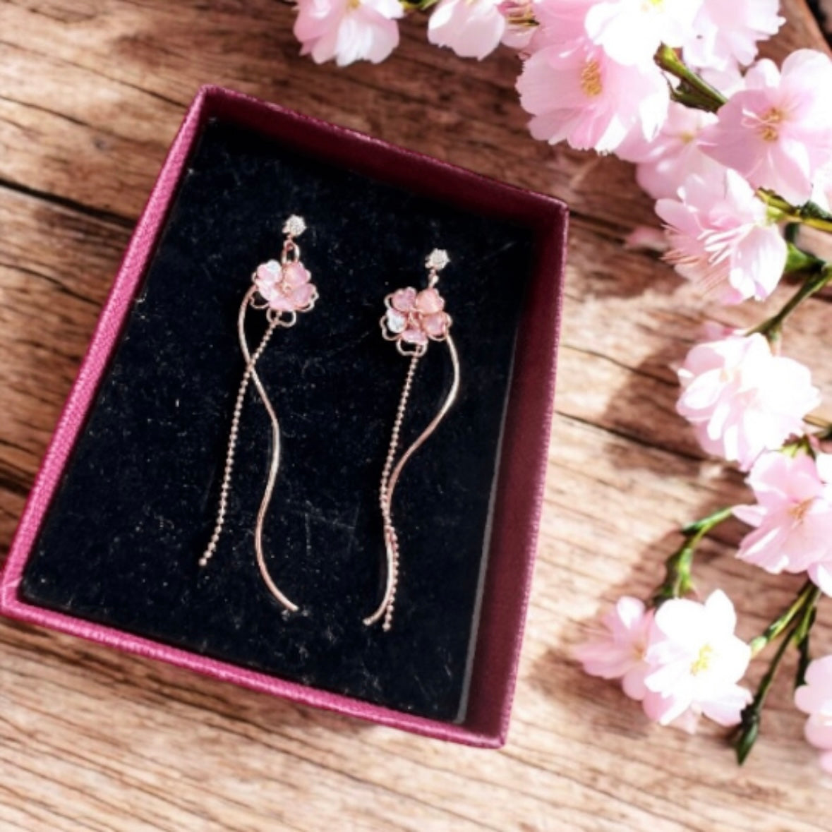 Sweet pink sakura earrings |Kawaii cute fun chain earrings | korean art colourful dangle earrings | buttefly flower crystal clear beads