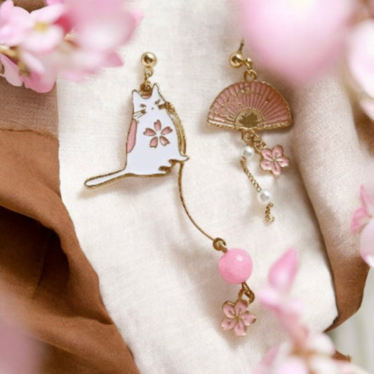 Sweet pink sakura |Kawaii cat cute fun chain earrings | korean art colourful dangle earrings | mismatch flower kitten oriental fan