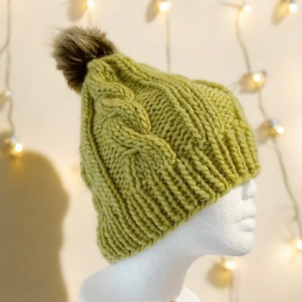 Chunky faux fur pompom cable knit hat | knit winter beanie | cozy warm knit hat |lime green colour hat