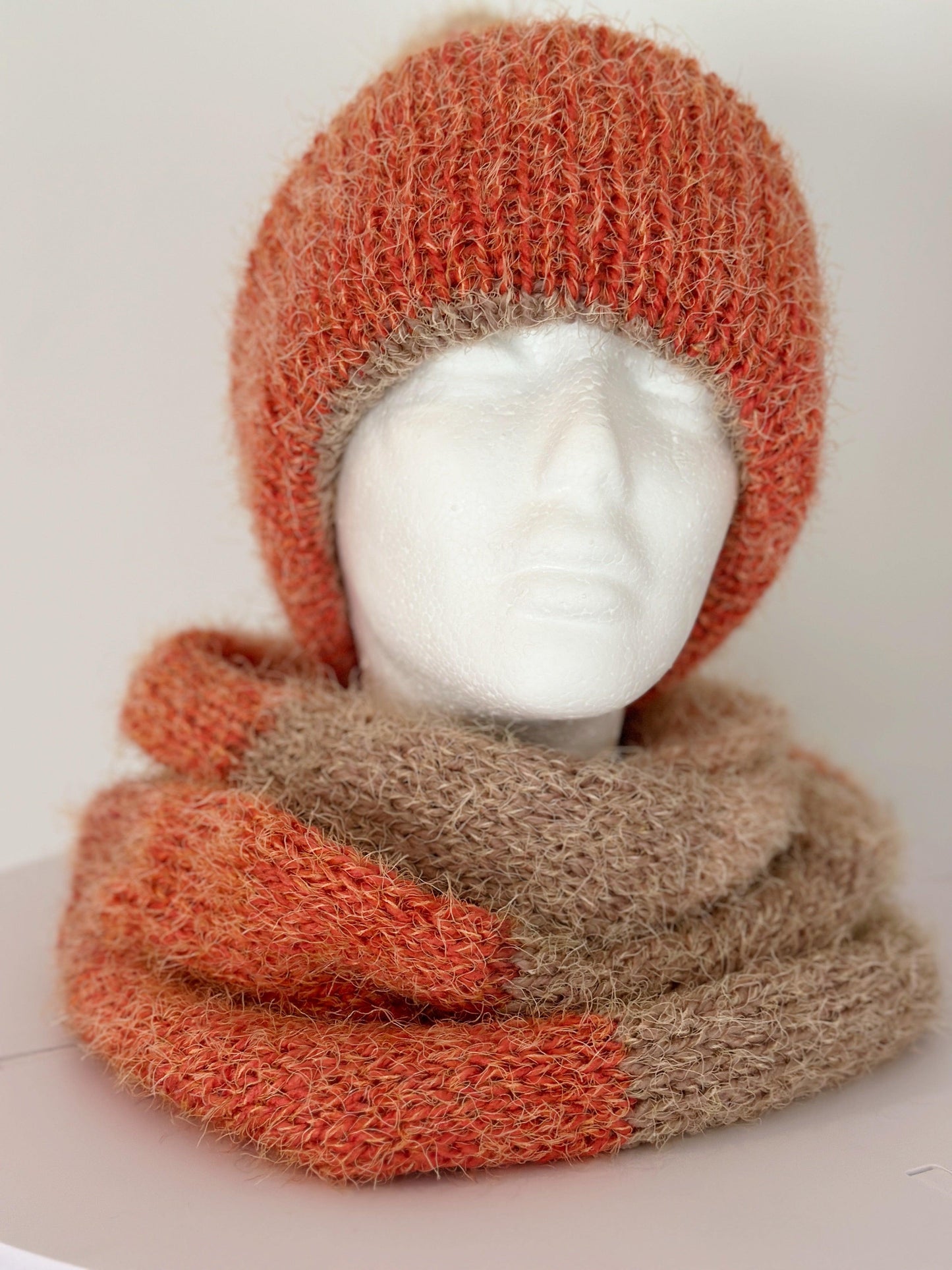 Handmade Double layered Knit beanie and circular scarf set | Winter Knit Hat foldable | matching scarf | soft and cozy (orange)