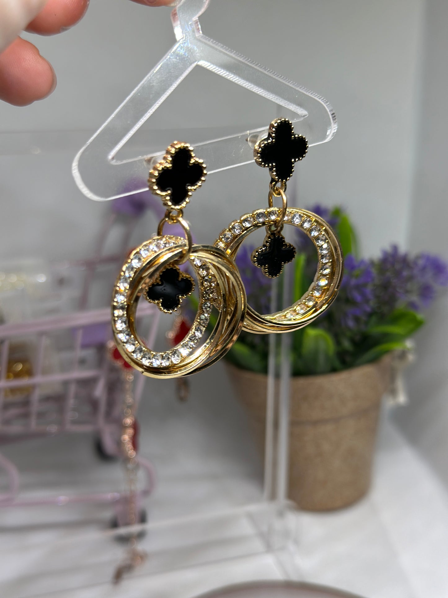 Golden clover earrings | rhinestone elegant earrings