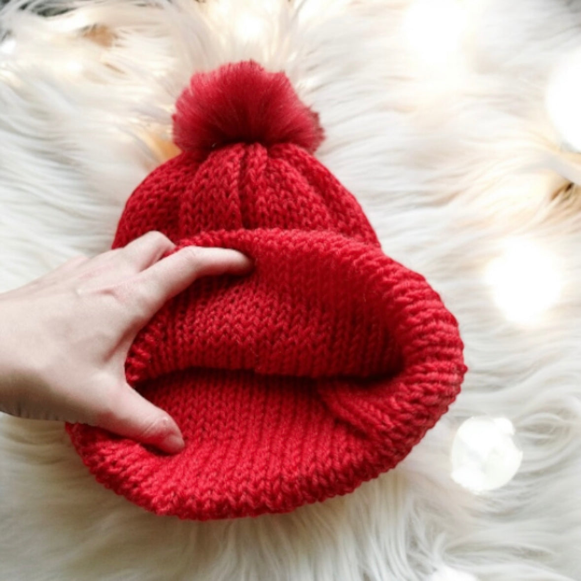 Handmade Double layered Knit beanie with faux fur pompom | Fur Pom Pom hat | Winter Knit Hat | Australian wool hot red hat