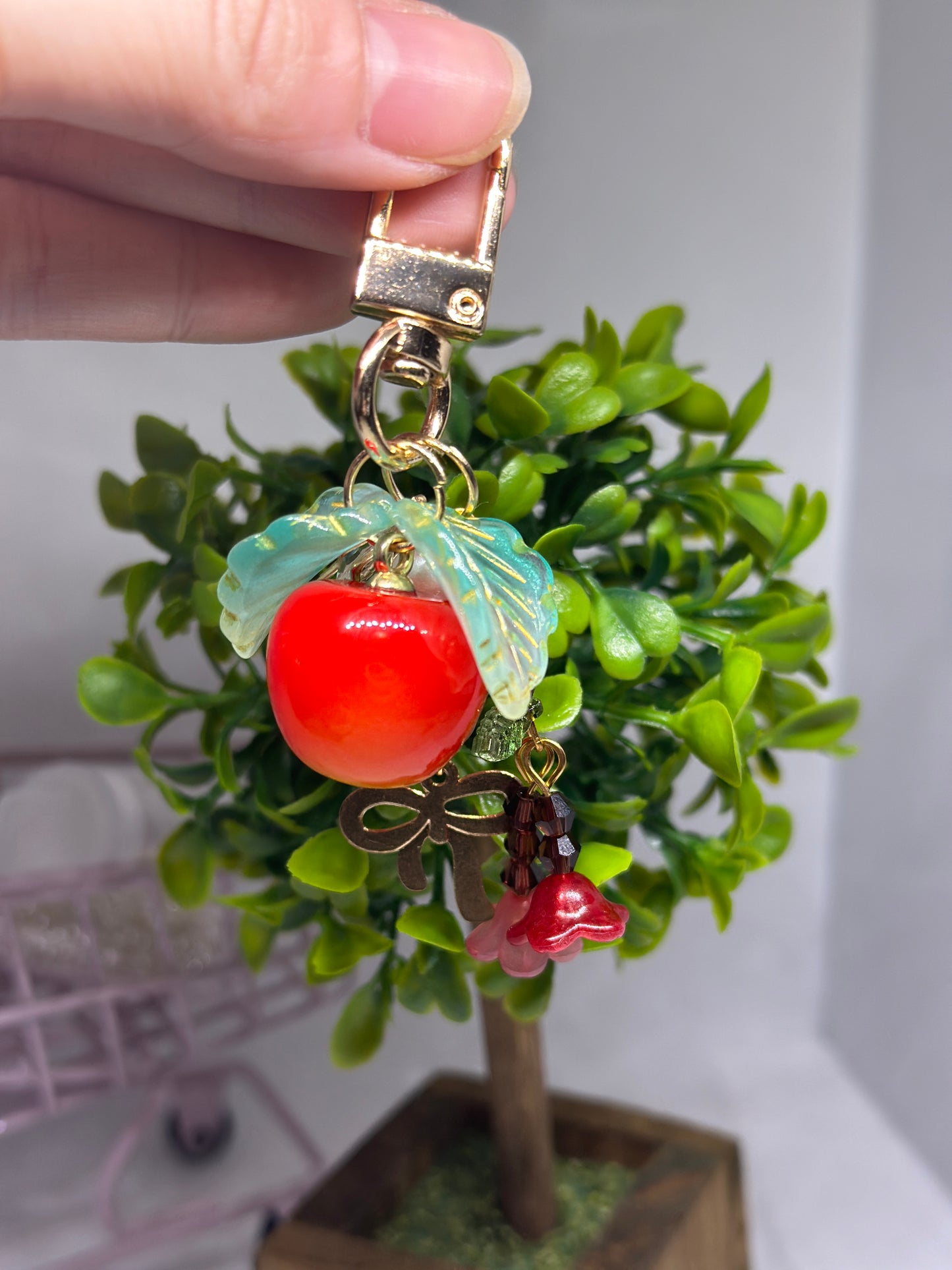 Cherry bag charm | key chain | golden chain with flowers and leaf