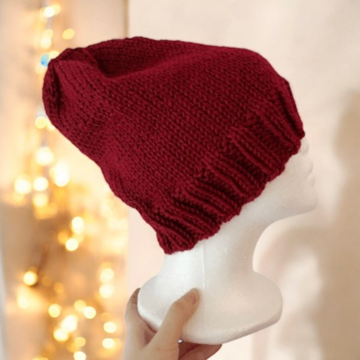 Handknit ribbed brim beanie in burgundy| Winter slouchy hat foldable brim | autumn winter style | cozy hat merino blend| men or women