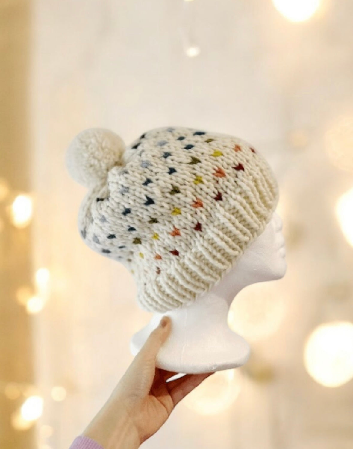 Handknit colourful dots pompom Beanie | rainbow candy colour hat | chuncky white beanie | Colour of Autumn season