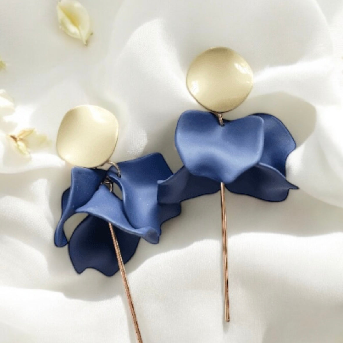 Navy or grey flower earrings |dangly earrings | frosted petals hoop statement earrings | golden disc geometric floral bridal earrings