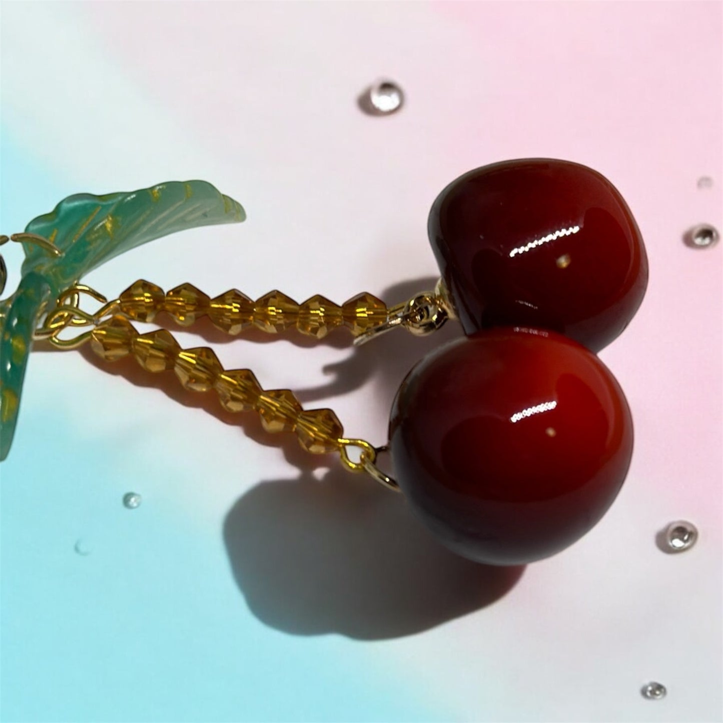 Cherry bag charm | key chain | golden chain with flowers and leaf