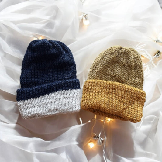 Knitted beanie in blue or yellow | Winter knitted double layered hat | autumn style | cozy winter hat| men or women