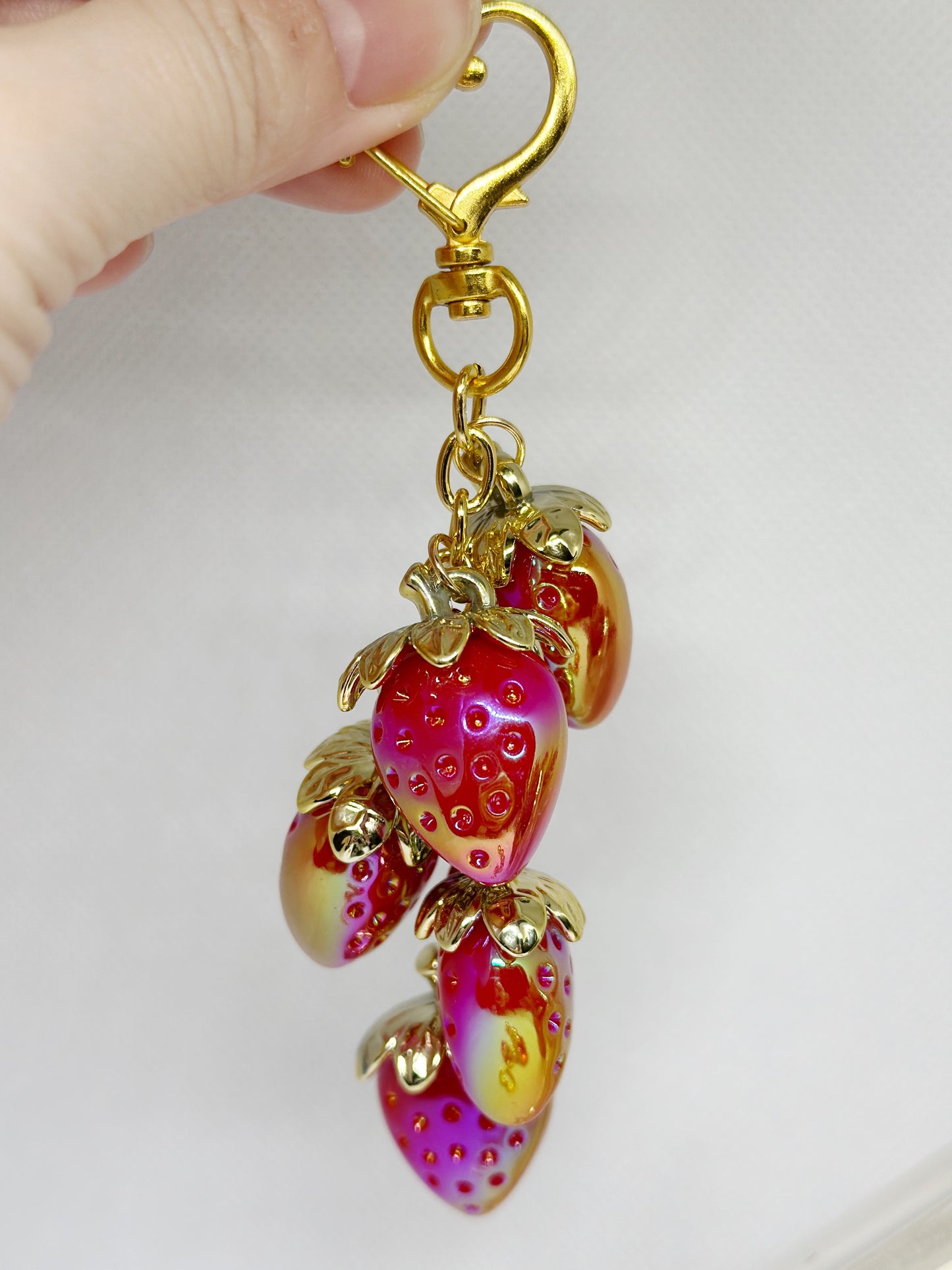 Strawberry bag charm | key chain | golden chain with heart bucket | y2k chain | bag lover gift | lux keychain