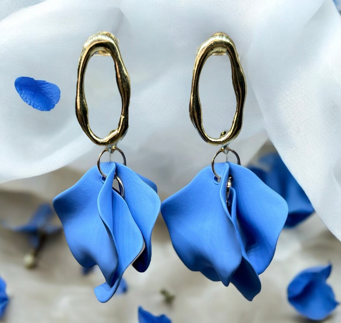 Pastel cornflower blue flower earrings |dangly earrings | matte petals colour statement earrings | unique gold geometric floral earrings