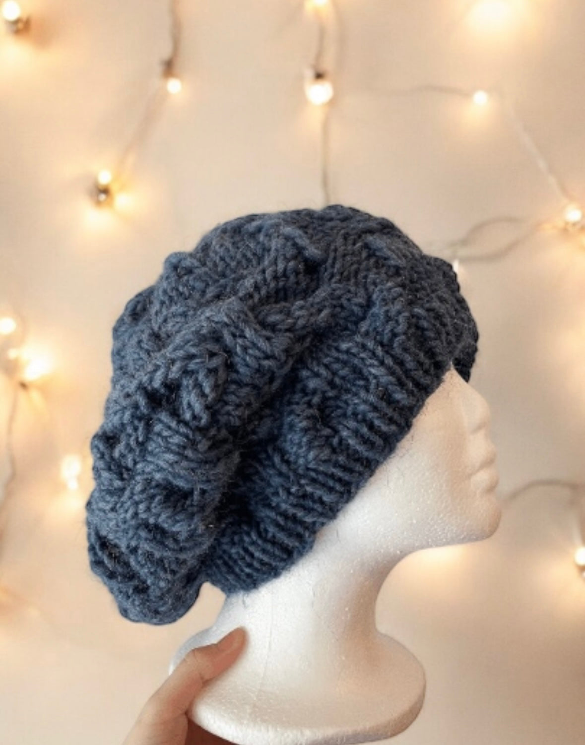 Hand knit Cable Slouchy Beanie | Knit Beret | Slouchy Hat in dark blue | Knit beanie in denim blue | Fluffy cozy winter hat Inac