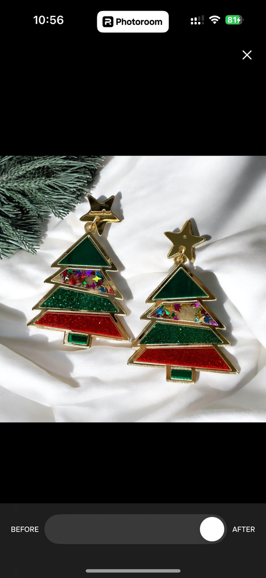 Christmas tree earrings| glitter golden acrylic earrings | art decor oversize party earrings