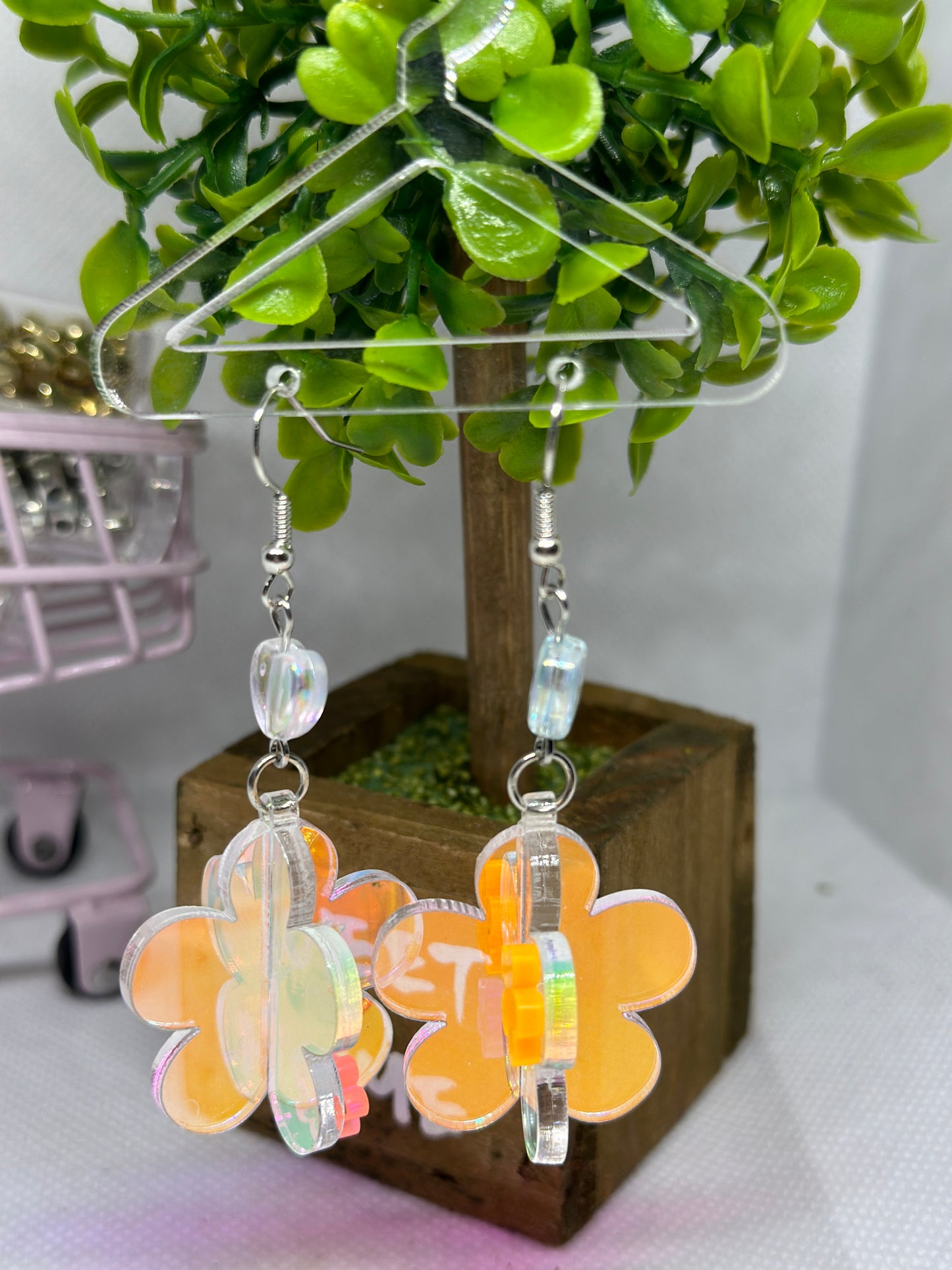 Dangle 3D flower earrings | fun floral earrings | colourful clear iridescent dangle oversize earrings | hologram fun earrings