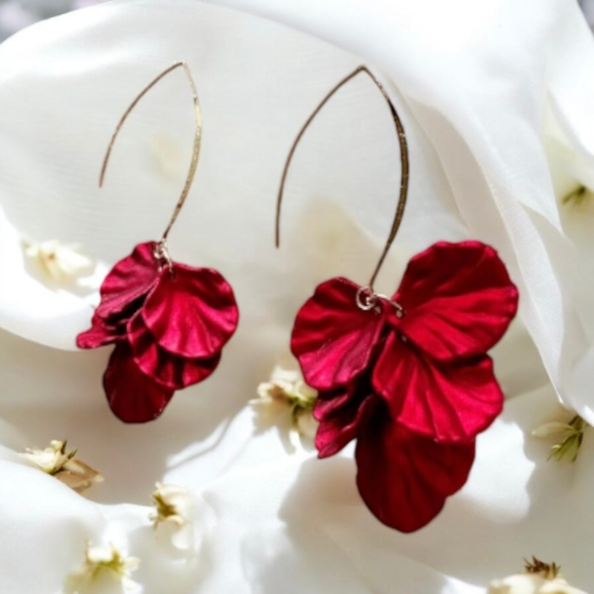 Hot red iridescent flower earrings | gold shinny shell petals dangle earrings |unique floral earrings | bridal party wedding earrings