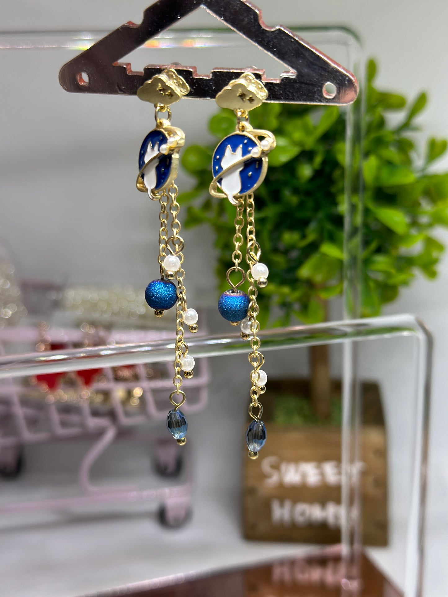 Celestial statement earrings | Blue cat planets earrings