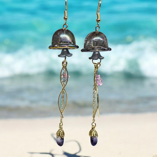 Navy blue sparkly clear Jellyfish earrings | sea creature zoology earrings | colourful clear iridescent dangle oversize earrings | halgoram earrings