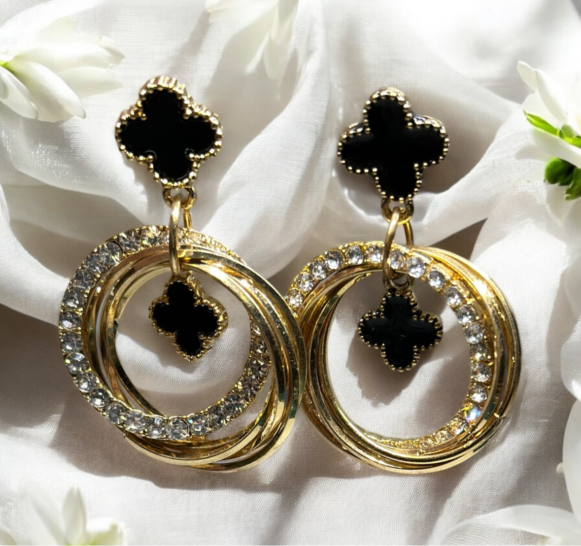 Golden clover earrings | rhinestone elegant earrings