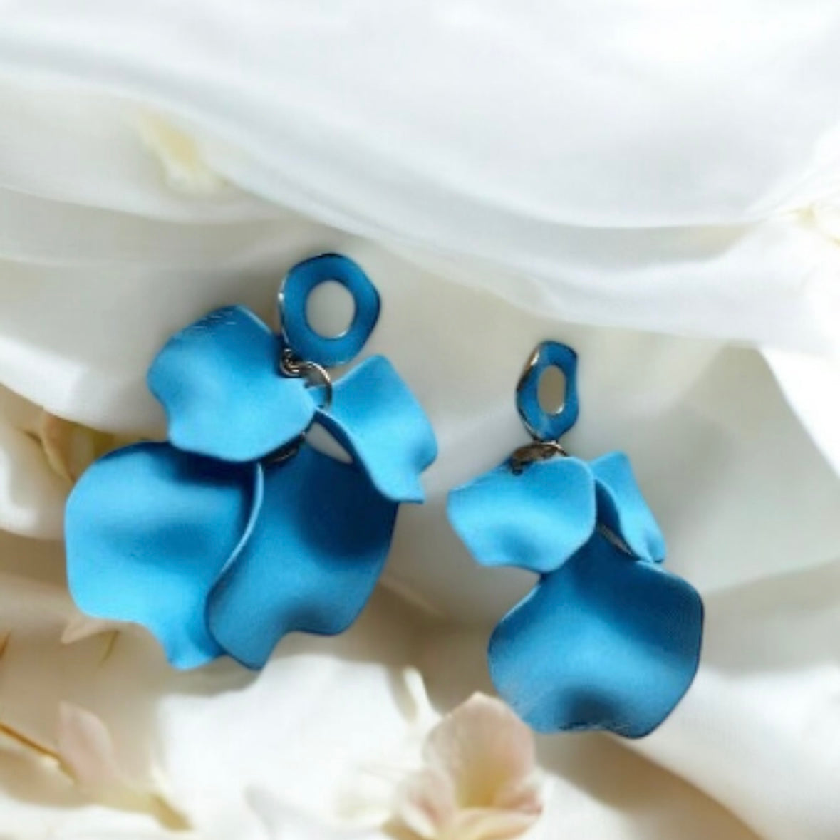 Blue flower earrings |dangly earrings | frosted petals hoop statement earrings | golden disc geometric floral bridal earrings