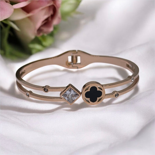 Rose Gold bangle with clover patterns | rhinestones embossed