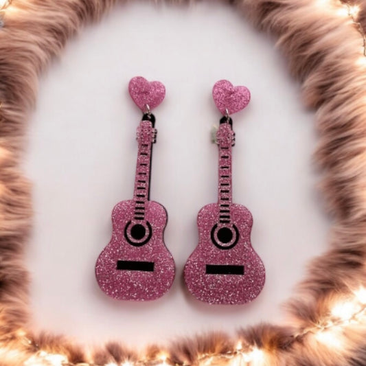 Musical instrument earrings | glitter pink guitar earrings | funky pop art earrings | acrylic art oversize earrings | quirky fun