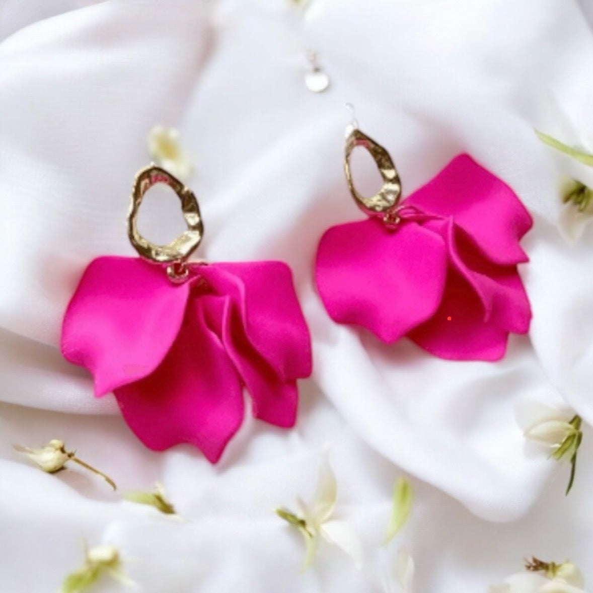 Hot pink flower earrings | dangle petals baroque earrings | unique gold geometric floral earrings | bridal party wedding earrings Inactive