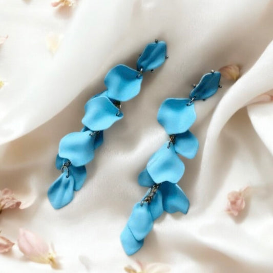 Baby pastel blue flower earrings | dangle petals baroque earrings | unique gold floral earrings | bridal party wedding earrings