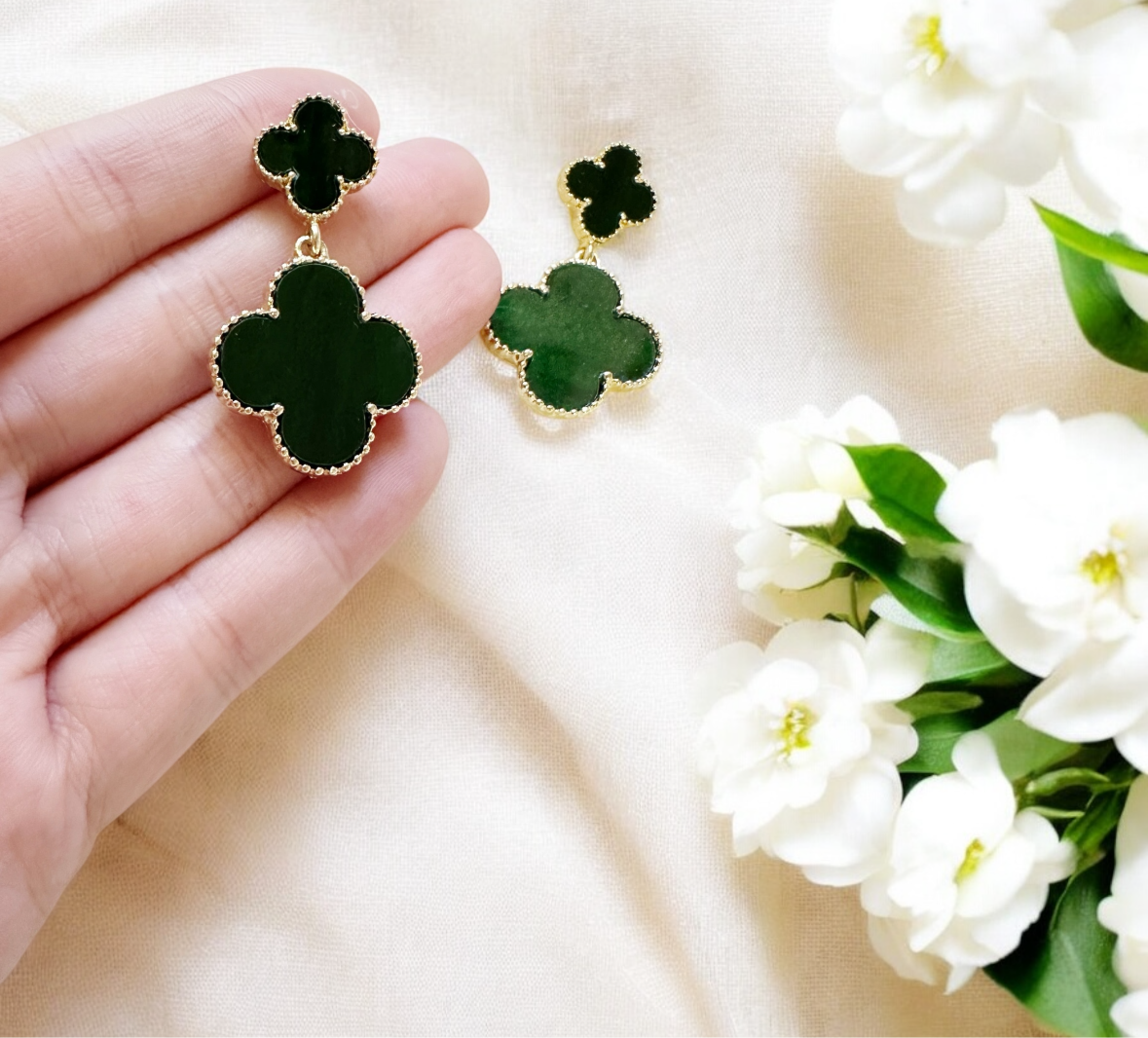 Golden clover earrings with colourful stone | aesthetic | elegant earrings