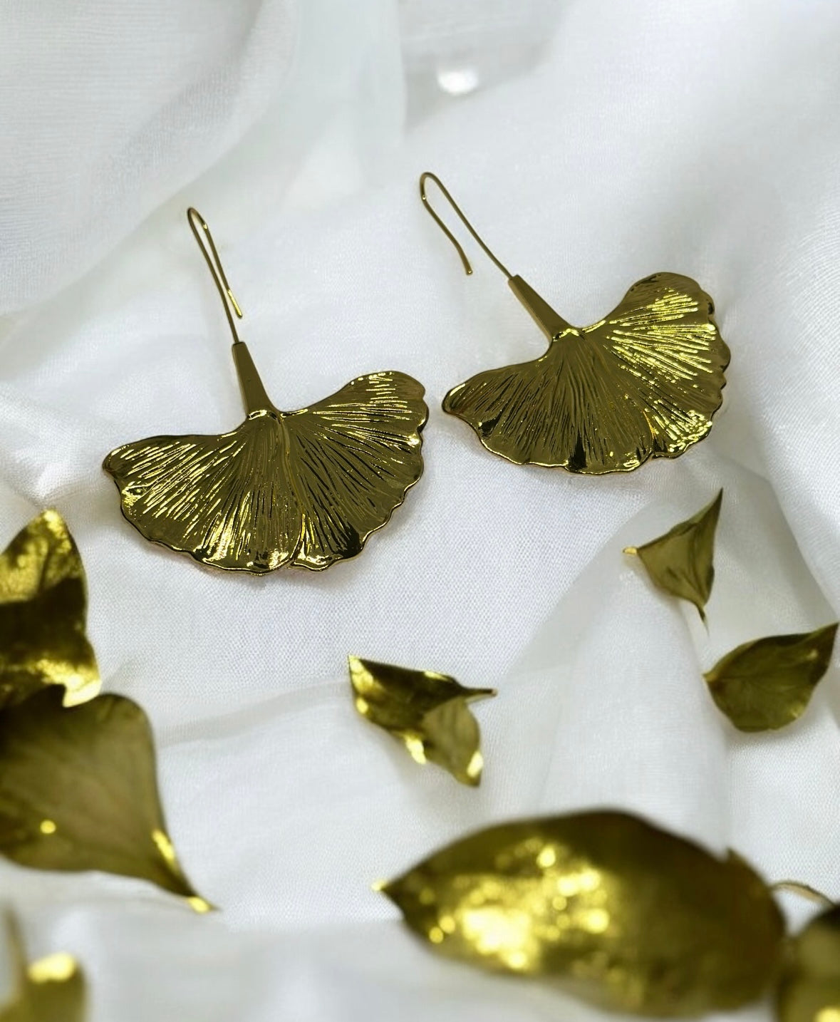 Ginkgo leaf Flower Gold statement earrings | dangly drop earrings | floral geometric earrings | Korean earrings Inactive