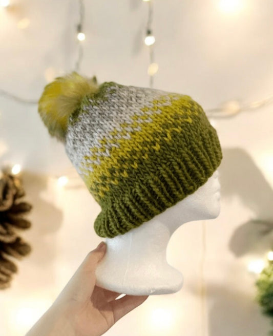 Handknit chunky Beanie | alpaca wool Beanie | large Fur Pom Pom Hat | Winter knit hat | Earthy green yellow slouchy hat