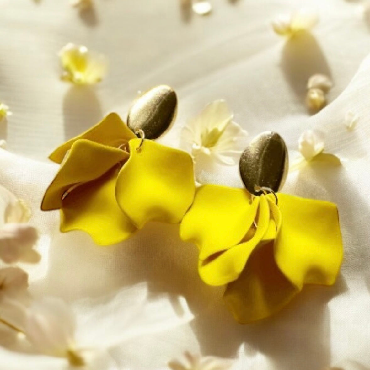 Bright yellow flower earrings | matte petals earrings | golden floral unique statement earrings| bridal party wedding earrings