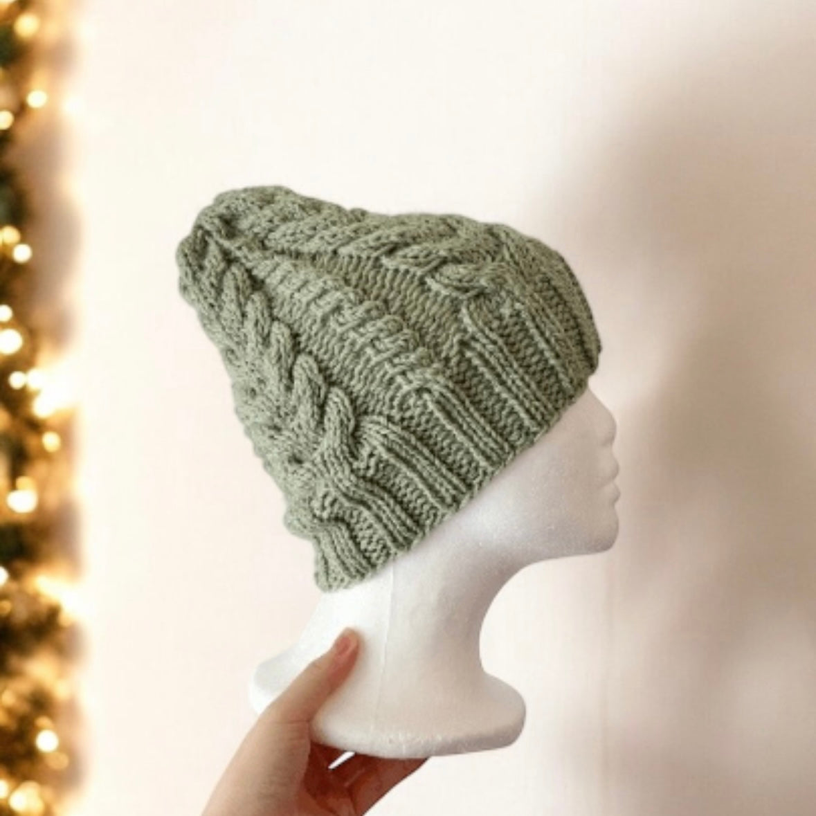 Handknit Sage green colour Cable Knitted | pastel colour autumn tone knit hat | adult women or men beanie | Winter knit briaded hatty light purple hat