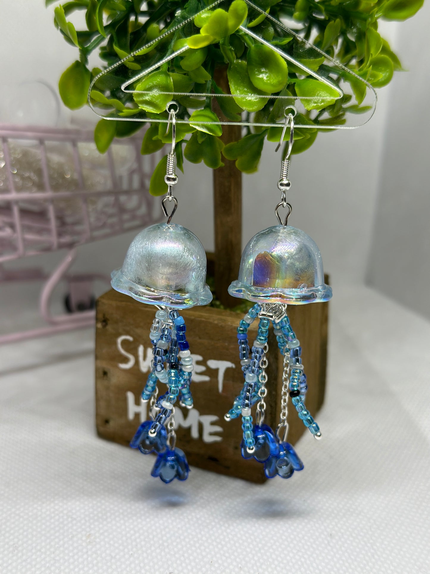 Beaded tentacles Jellyfish earrings | sea creature earrings | colourful clear iridescent dangle earrings | halgoram fun y2k earrings