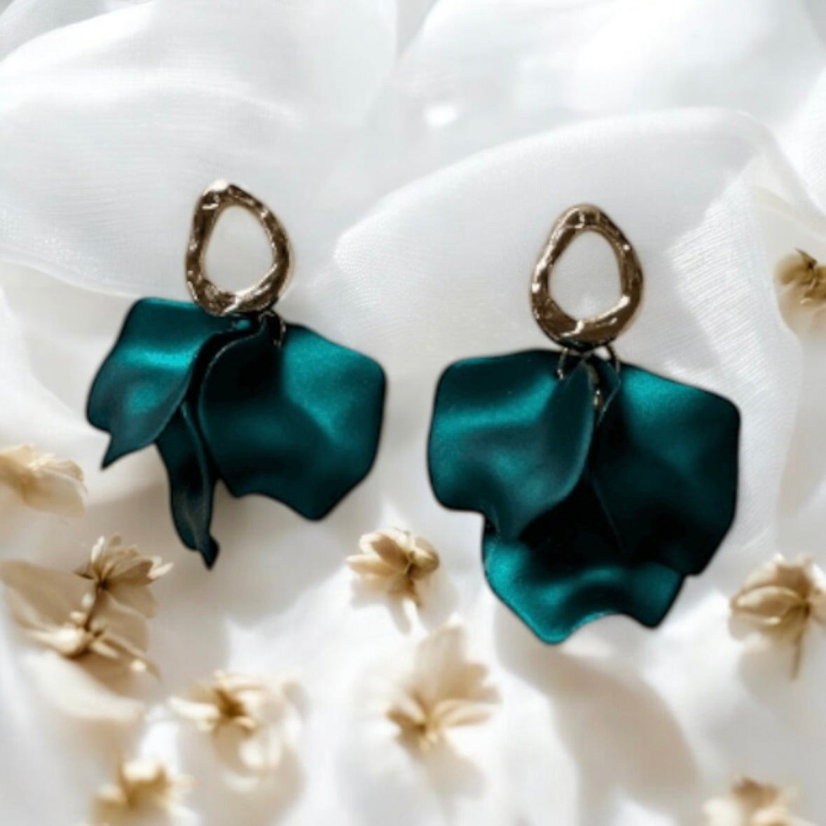 Emerald green iridescent flower earrings | leaf and petals drop statement earrings | unique gold geometric floral earrings