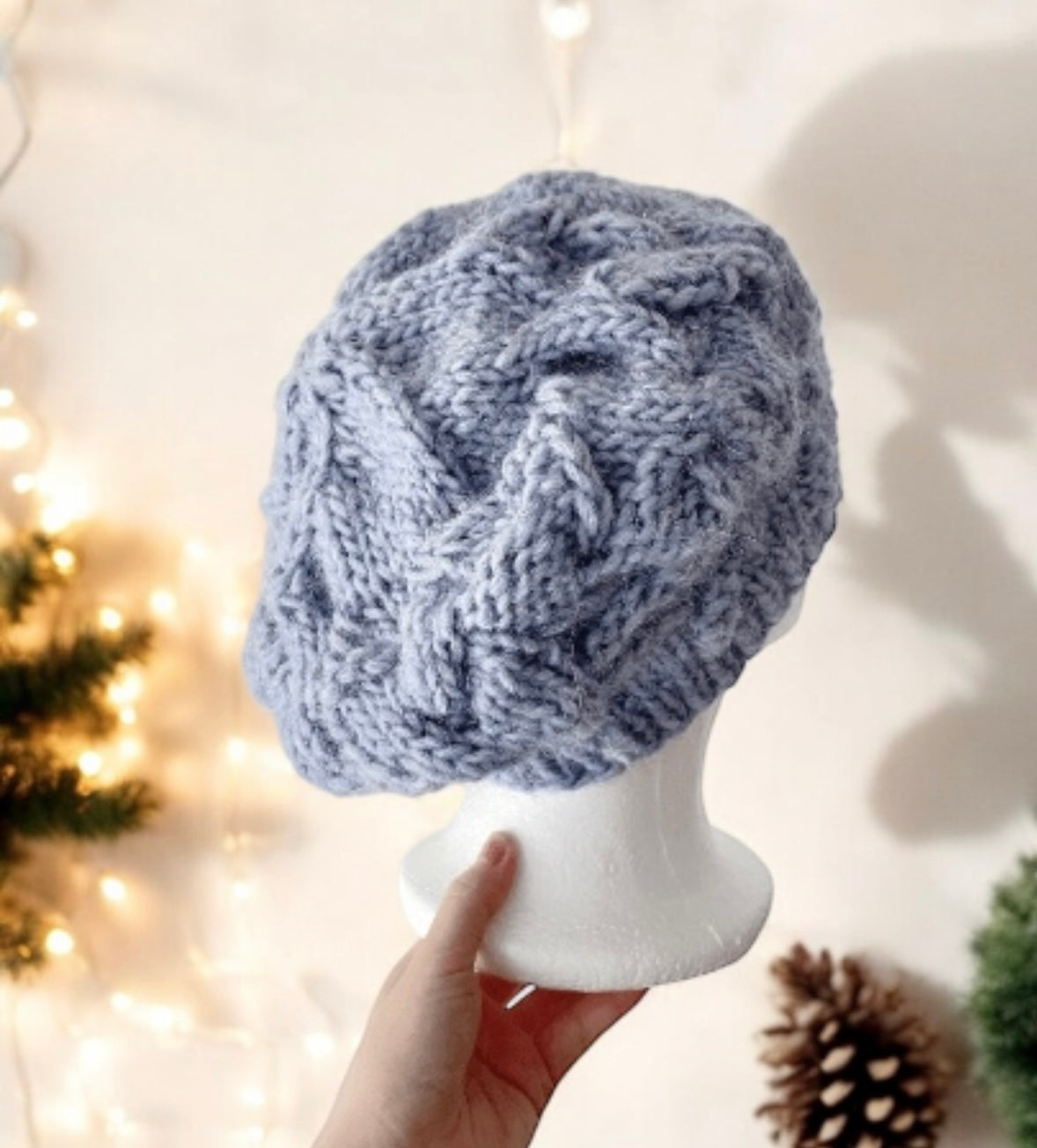 Handknit Cable Slouchy Beanie | Knit Beret | Slouchy Hat in blue colour| Knit beanie in ice blue | Fluffy and cozy winter hat